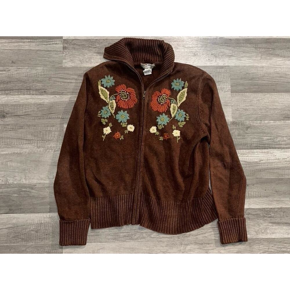 Vintage Heirloom Collectibles Cardigan Size M Sweater Zip Embroidered Floral